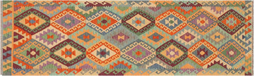 Flat Weave Kilim, Antique, Navaho, Vintage, Handmade, Geometric Kilim Blue Rust Hand-Woven Runner 100% Wool Area Rug 3 x 10